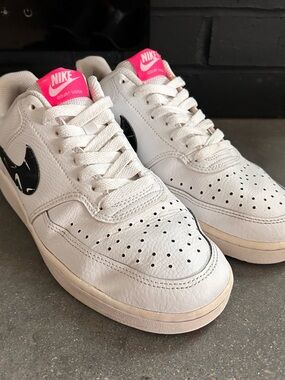 Nike White Court Vision Low Sneakers with Pink Tongue and Black Swoosh